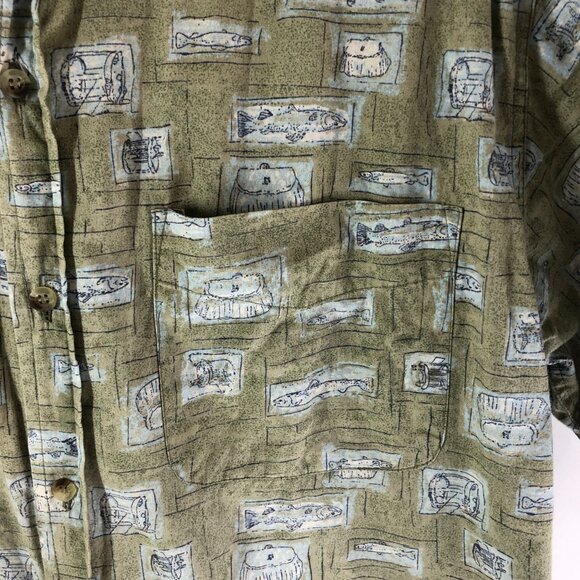 Essential Needs Mens Button Down Shirt Novelty Fish Print Cotton Beige S - Picture 2 of 4